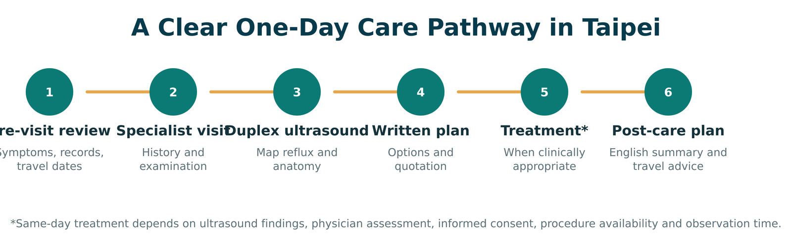 Six-step same-day care pathway: pre-travel review, specialist consultation, duplex ultrasound, written plan and price, same-day treatment when appropriate, and recovery with follow-up.