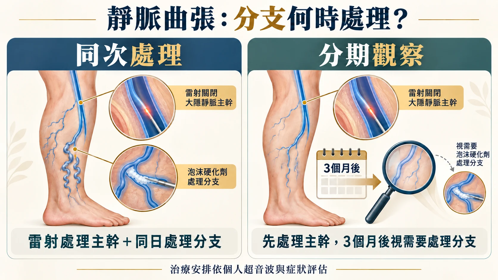同次與分期處理靜脈曲張分支示意:泡沫硬化以細針注入分支靜脈內;分期治療於三個月後視需要進行