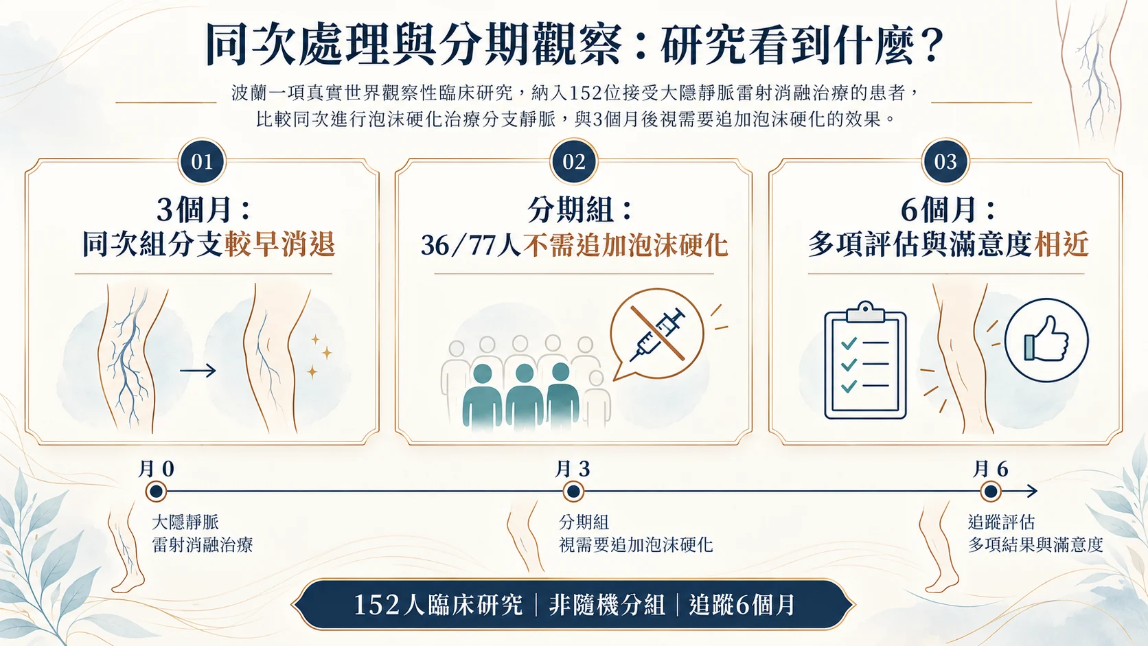 152人研究結果圖解:同次組分支較早消退,分期組36名共77名患者不需追加泡沫硬化,六個月多項評估相近